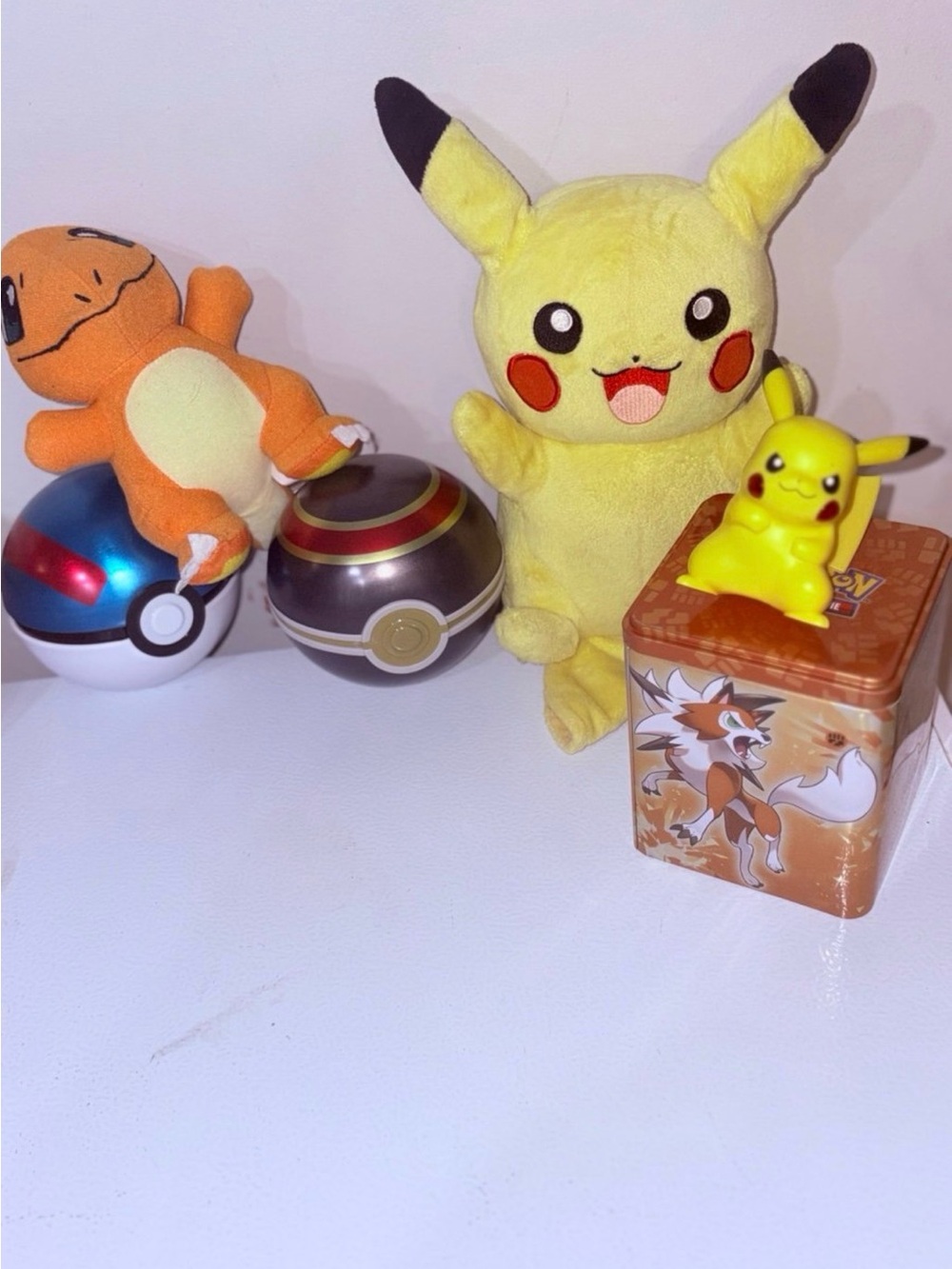 Pokemon Lot Pikachu Plush, Charmander plush, Pokeballs, Tincan